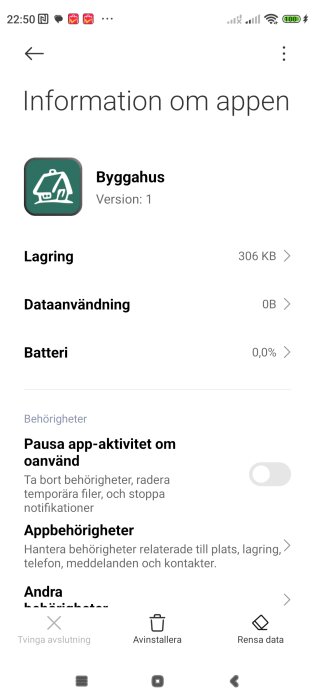 Appinformation för Byggahus, version 1, på en Android-enhet, med data- och batterianvändning, samt appbehörighetsinställningar.