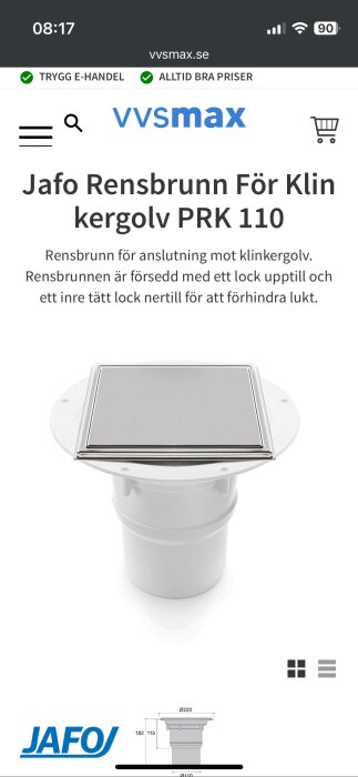 Bild på Jafo Rensbrunn för klinkergolv PRK 110 med lock, designad för att förhindra lukt. Produktbild från vvsmax.se.