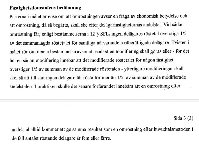 Utdrag ur fastighetsdomstolens bedömning om omröstningsregler med 1/5-begränsning och delägarsammanträden; juridiskt dokument, sida 3 av 3.