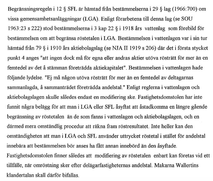 Bild av ett domstolsdokument som beskriver begränsningsregler från vattenlagen, aktiebolagslagen och lagarna om gemensamhetsanläggningar.