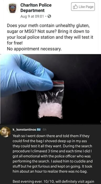 En skärmdump av Charlton Police Departments inlägg om att testa metamfetamin gratis, samt en humoristisk kommentar från en användare.