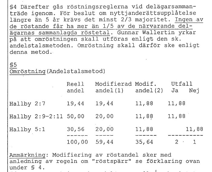 Tabell som visar röstandelar vid delägarsammanträde enligt andelstalsmetoden, med summering av röstandelar och utfallet Ja eller Nej.