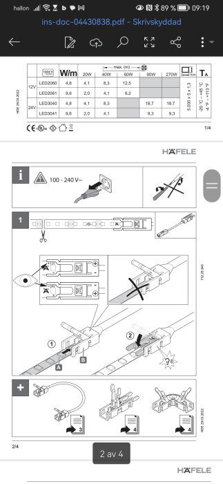 Illustration av installationsanvisningar för Häfele LED-list med plusminus-anslutning, sladdanslutning och användning av en transformator.