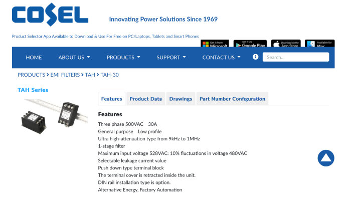 Produktbild och specifikationer för EMI-filter COSΛL TAH-30, designat för 3-fas 500VAC, lämpligt för fabriksautomation och alternativ energi.