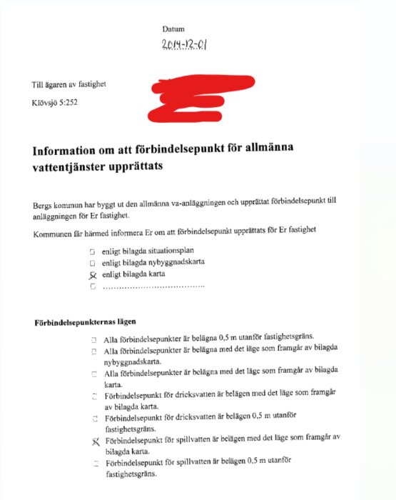 Brev från Bergs kommun om förbindelsepunkt för vattentjänster, daterat 2014-12-01, med information om anslutning och läge enligt bifogad karta.