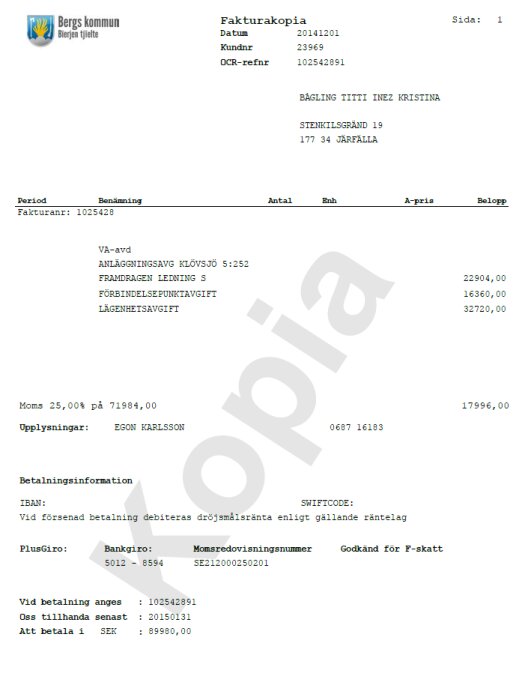 Faktura från Bergs kommun för VA-avgift, Klövsjö 5:252, totalt 89980 SEK inklusive moms, ska betalas senast 2015-01-31, utfärdad till Titti Inez Kristina Bäglin.