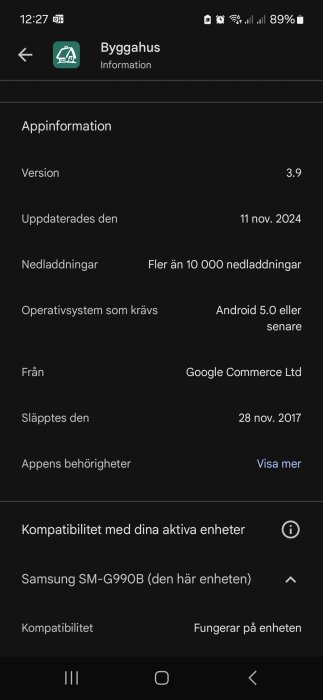 Bild av Byggahus-appen på Android som visar version 3.9, över 10 000 nedladdningar och kompatibilitet med Samsung SM-G990B.