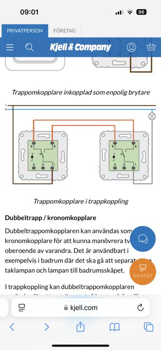 Diagram över trappomkopplare inkopplad som enpolig brytare, visar ledningsdragning med L, N och kopplingspunkter.