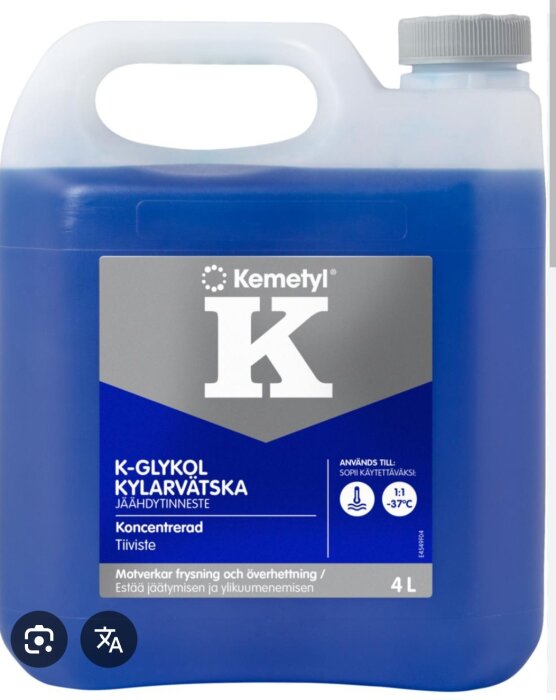 Behållare med Kemetyl K-Glykol kylarvätska, används för att motverka frysning och överhettning, innehåll 4 liter.