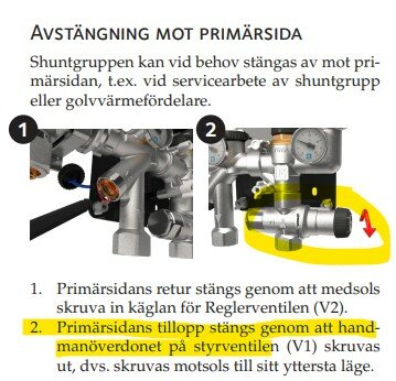 Manuell avstängning av styrenhet för golvvärme, stegvis instruktion för tilloppsstängning med markering på ventil och skruvplacering.