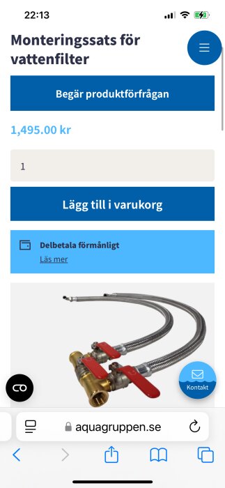 Monteringssats för vattenfilter med kopplingar och slangar från aquagruppen.se; pris 1,495 kr.