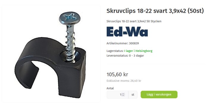 Svart skruvclips 18-22 mm med skruv, storlek 3,9x42 mm, 50 stycken. Produkt från Ed-Wa, artikelnummer 300839, pris 105,60 kr exkl. moms.