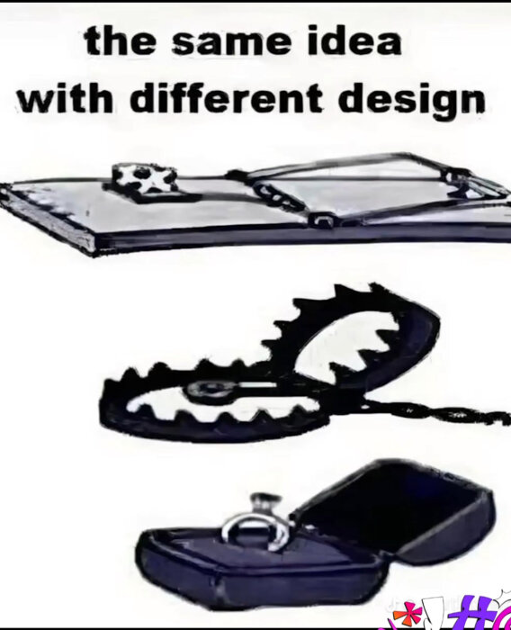 Tre olika fällor: en råttfälla, en djurfälla och en ringask. Text: "the same idea with different design".
