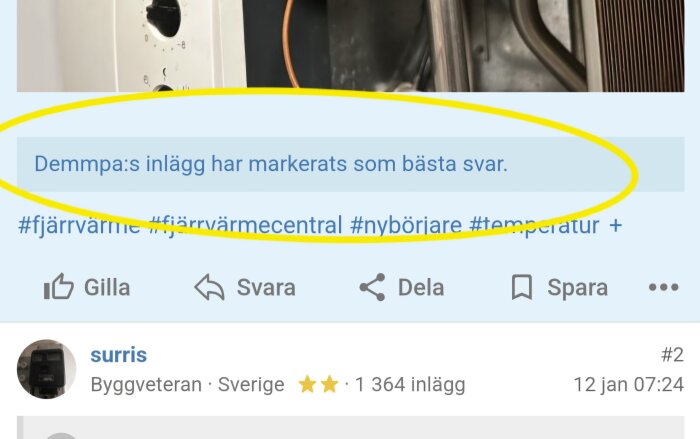 Bild av ett foruminlägg där ett svar har markerats som bästa svar, med hashtags som fjärrvärme och fjärrvärmecentral.