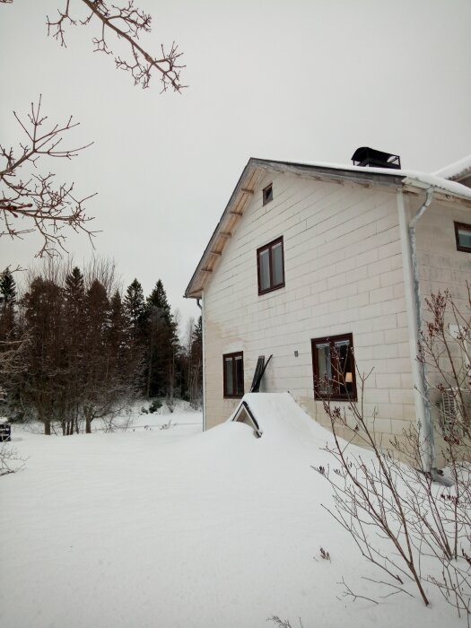 Hus i vinterlandskap med snö vid grunden. Ett hörn av huset visar tecken på fuktgenomslag. Frostiga trädgrenar syns i förgrunden.