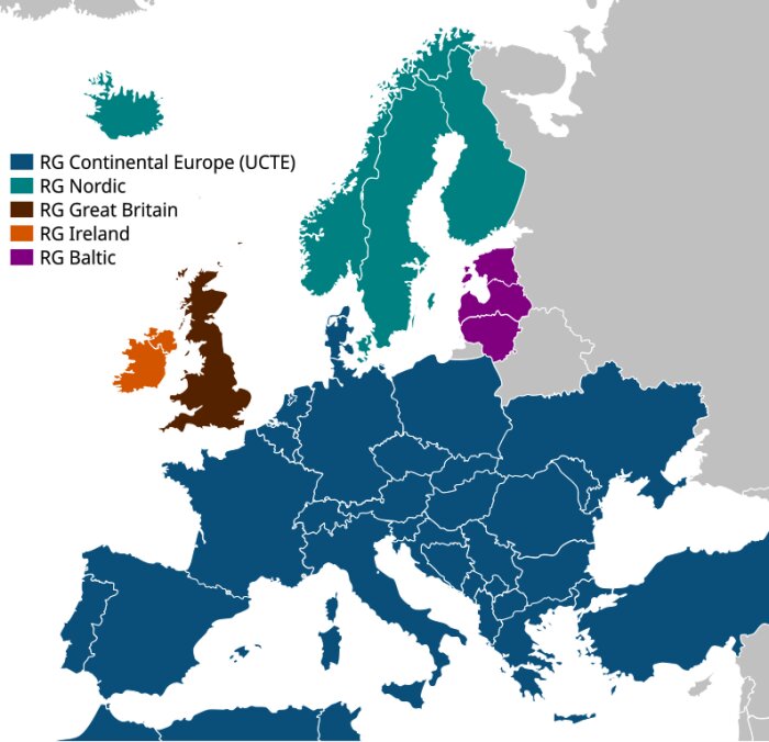 Karta över synkrona elnät i Europa: RG Continental Europe (blå), RG Nordic (turkos), RG Great Britain (brun), RG Ireland (orange), RG Baltic (lila).