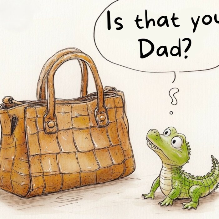 Tecknad krokodilunge tittar på en handväska av skinn och undrar "Is that you, Dad?" med ett frågetecken ovanför huvudet.