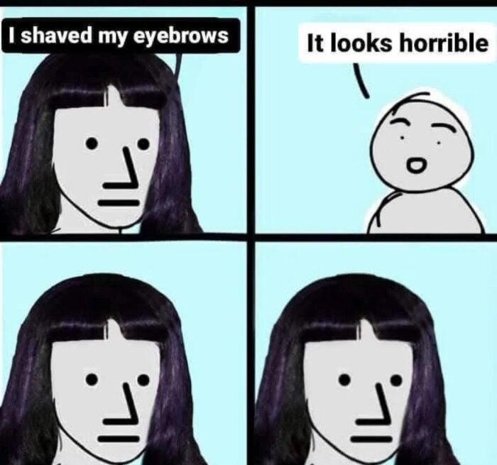 Serie med fyra bilder; första visar en figur som säger "I shaved my eyebrows", andra svarar "It looks horrible", tredje och fjärde visar samma figur tyst.