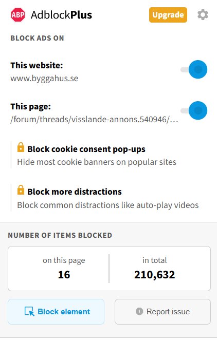 Skärmbild av Adblock Plus-inställningar på en webbsida, med alternativ för att blockera annonser och cookie-popups aktiverade.