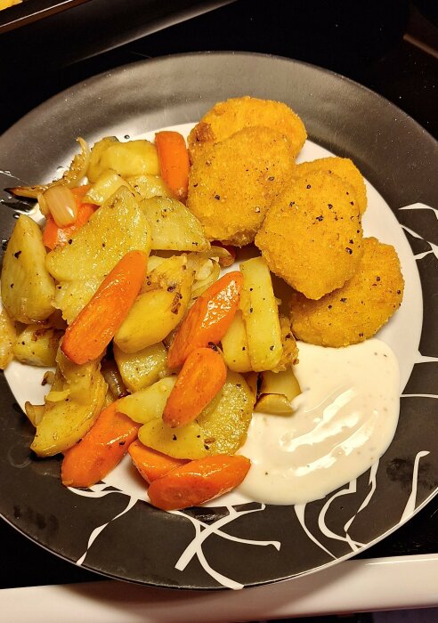 Tallrik med ugnsrostad potatis, morötter, lök, vegonuggets och kall sÄs.