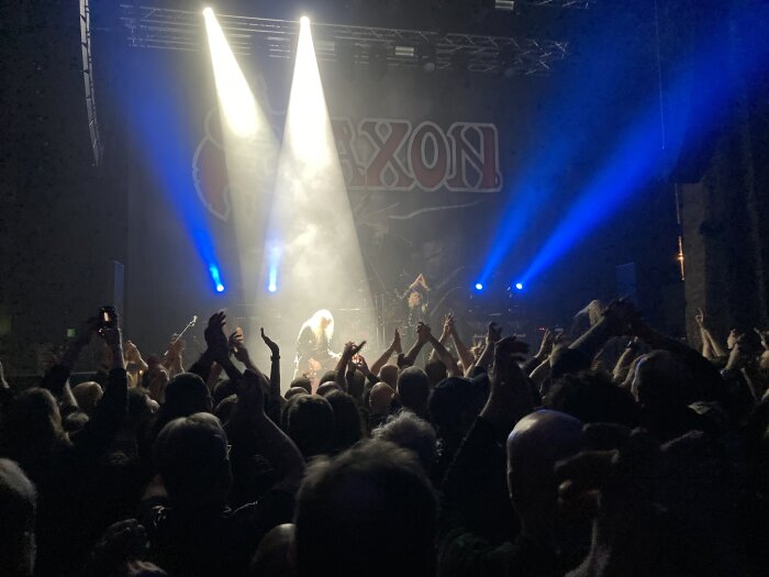 Konsert med livlig publik och scenbelysning, bandets logga synlig i bakgrunden.