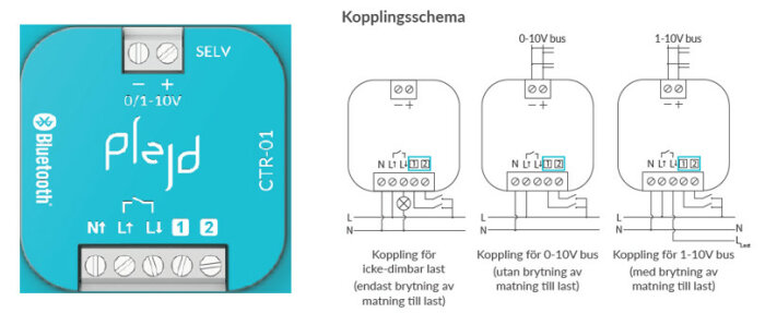 Bild av Plejd CTR-01 med kopplingsschema för lågspänningsinstallationer, inklusive 0-10V och 1-10V buskonfigurationer.