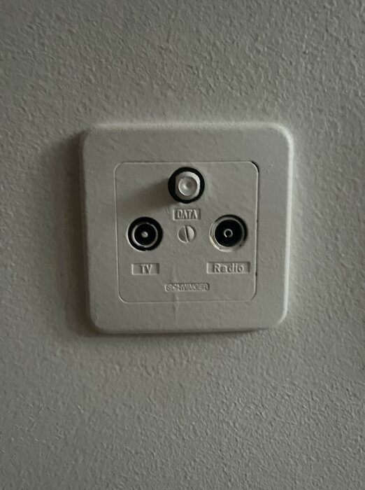 Antenna outlet for TV, radio, and data with circular connectors on a wall, marked "Schwaiger.