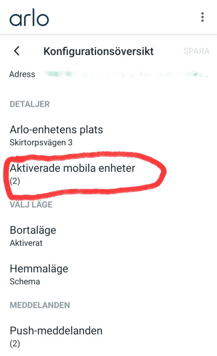 Appinställningar på skärmen visar två aktiverade mobila enheter med rött markerade texten.