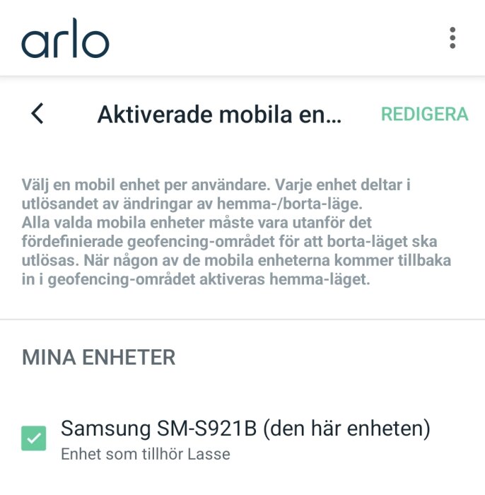 Skärmbild av Arlo-appens enhetsinställningar, visar en ansluten mobil enhet: Samsung SM-S921B, med geofencing aktiverat.