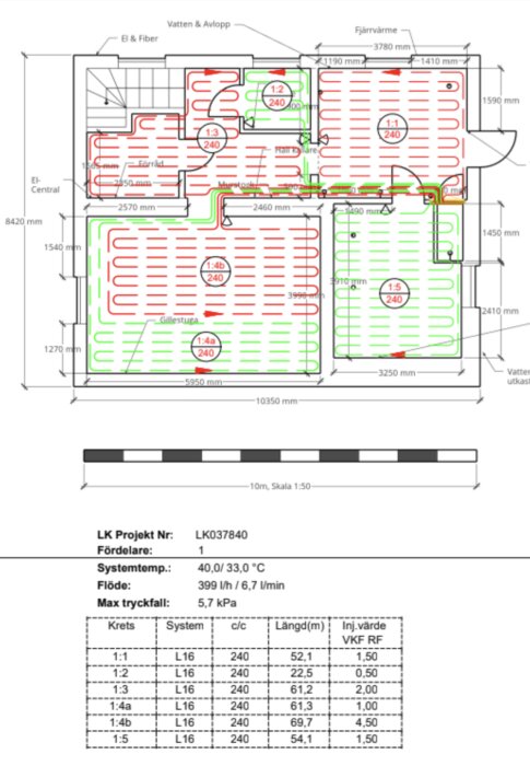 Planlösning visar golvvärmesystem med cirkulation och teknisk information som systemtemp, flöde och tryckfall för olika kretsar i källarvåning.