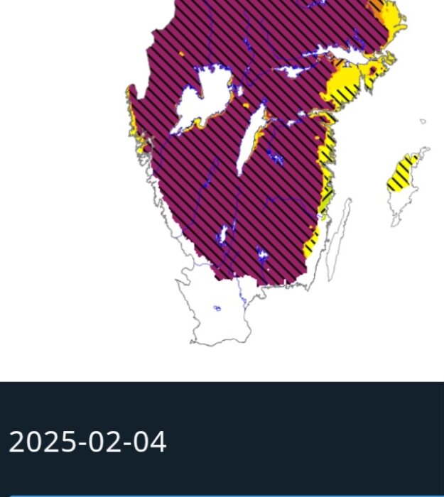 Karta över Sverige visar vita områden utan vinter enligt SMHI, datum 2025-02-04.