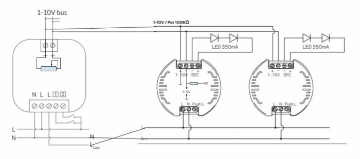 Elektrisk kopplingsschema som visar anslutningar för styrning av lampor och fläkthastighet med 1-10V extern spänningsmatning.