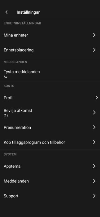 Skärmdump av en inställningsmeny med alternativ för enheter, meddelanden, konto och system. Sektionen "Bevilja åtkomst" är markerad.