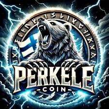 Björnmotiv med finsk flagga och texten "Perkelecoin", omgiven av runor.