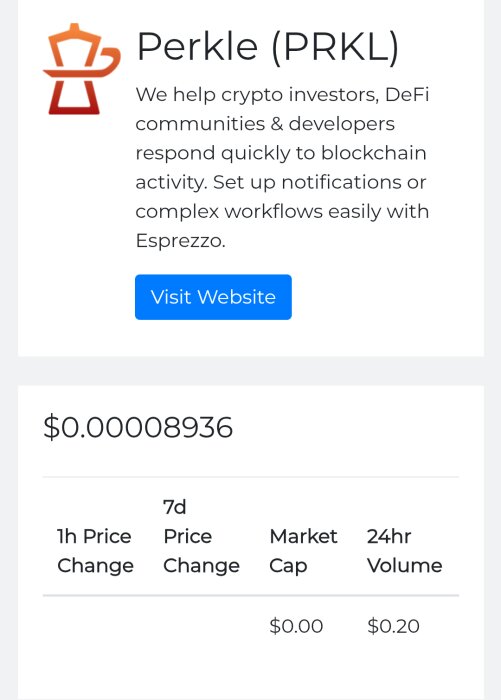 Visar nuvarande värde och marknadsdata för kryptovalutan Perkle (PRKL), inklusive prisförändring och volym.