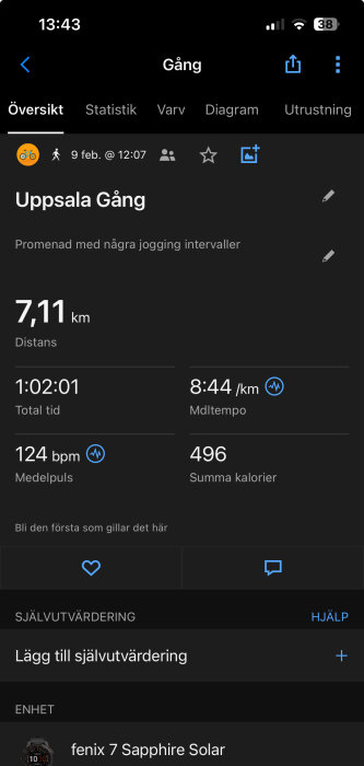 Skärmbild av träningsapp. Detaljer för gång i Uppsala: 7,11 km distans, 1:02:01 tid, 8:44 tempo, 124 bpm medelpuls, 496 kalorier. Fenx 7 Sapphire Solar.