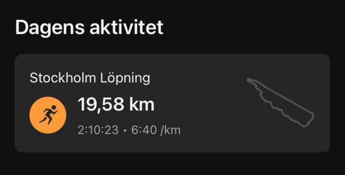 Löpningsaktivitet i Stockholm, 19,58 km med en genomsnittlig tid av 6:40 min/km och total tid på 2:10:23.