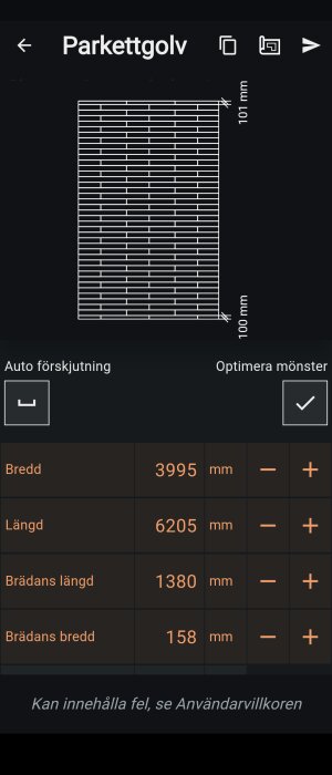 Skärmdump som visar parkettgolvslayout med mått och inställningar för bredd och längd av brädor inmatade i appen.