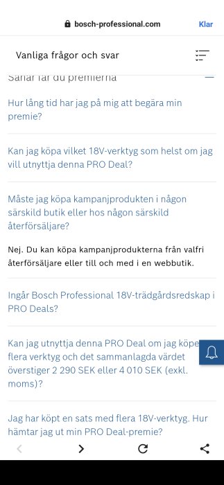 Vanliga frågor om Bosch PRO Deals, inkl. köp av 18V-verktyg och kampanjprodukter i valfri butik eller online, anges i text från bosch-professional.com.