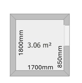 Kvadratisk planritning med väggar markerade, yta 3.06 m². Mått: 1800 mm, 1700 mm, 850 mm.