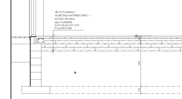 Ritning av grundkonstruktion med plankgolv, betong, golvvärmerör och cellplastlager. Visar olika lager och materialbeskrivningar.