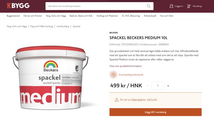 En hink med Beckers spackel medium 10 liter för inomhusväggar, med regnbågslogotyp och röd etikett. Produktinformation och pris anges.