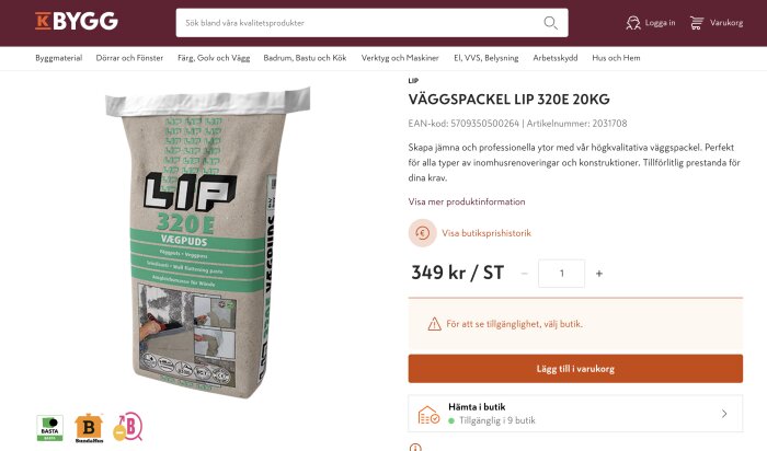 Säck med LIP väggspackel 320E, 20 kg. Används för jämna och professionella ytor inomhus. Produkten finns tillgänglig för köp online och i butik.