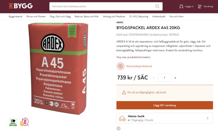 Påsen visar Ardex A45 reparationsspackel för inomhusbruk, används för att jämna ut golv, väggar och tak. Vikt 20 kg. Priset är 739 kr per säck.