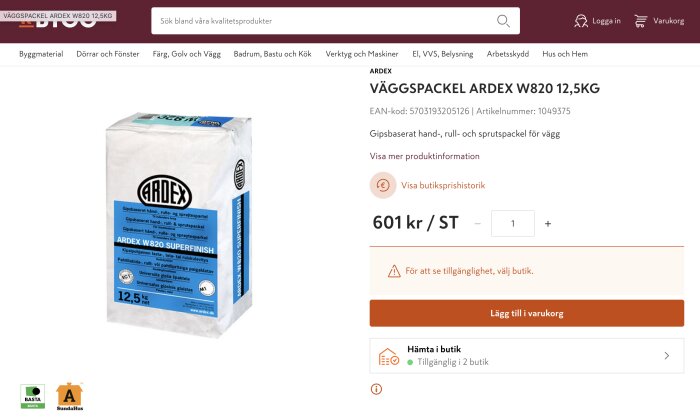 Förpackning av väggspackel Ardex W820 12,5 kg, pris 601 kr/st, med beskrivning av produktens användningsområden och tillgänglighet.