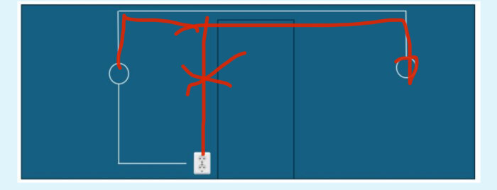 Schematisk ritning av elinstallation med strömbrytare, kopplingsdosa, rör och två lampor markerade med röda linjer.