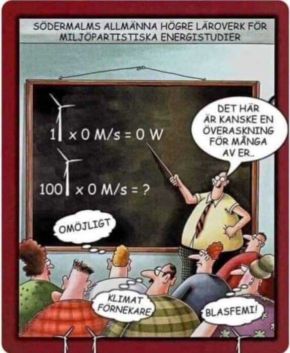 En tecknad scen i ett klassrum där en lärare pekar på en tavla om vindkraft och ström, med elever som reagerar skeptiskt.