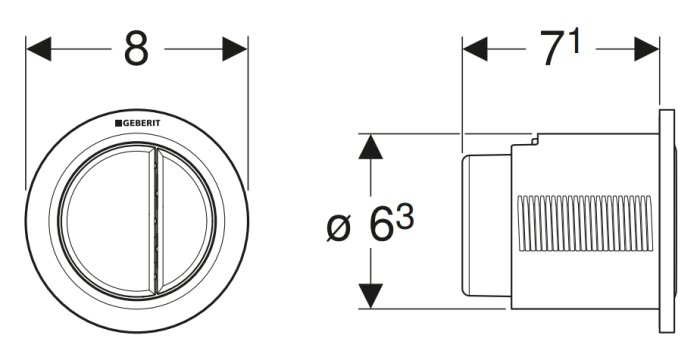 Skiss över Geberit Omega 10 spolknapp med mått, inklusive diameter och djup.