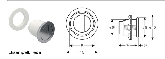 Ritning och 3D-modell av Geberit Omega 10 spolknapp med mått och avstånd specificerade.