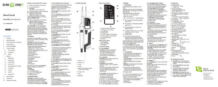 Manual för Elma 2200X spänningsprovare med instruktioner och specifikationer, inklusive funktioner och säkerhetsföreskrifter.